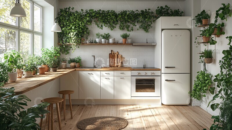 高清大图下载【趣麦麦图】木纹厨柜绿色盆栽2