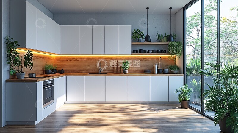 高清大图下载【趣麦麦图】木纹厨柜绿色盆栽1