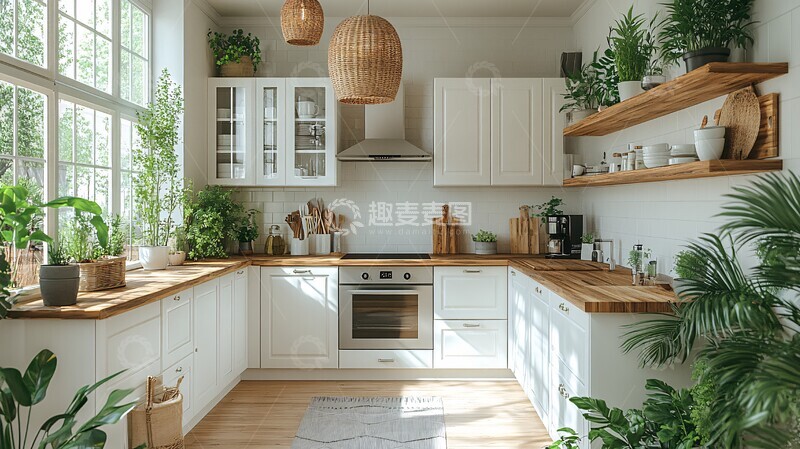 高清大图下载【趣麦麦图】木纹厨柜绿色盆栽3