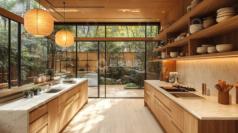 高清大图下载【趣麦麦图】木柜白石台纸灯竹饰1