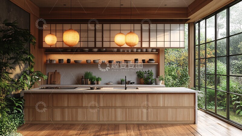 高清大图下载【趣麦麦图】木柜石台纸灯绿植