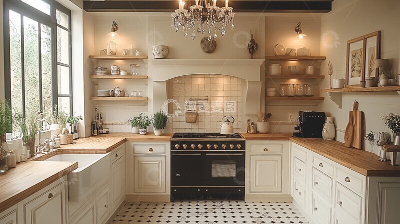 高清大图下载【趣麦麦图】白色橱柜木纹台面4