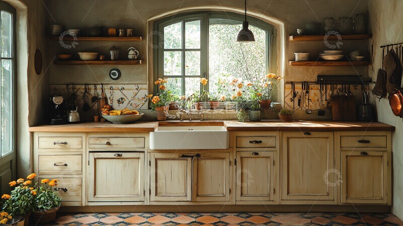 高清大图下载【趣麦麦图】木纹橱柜花卉装饰