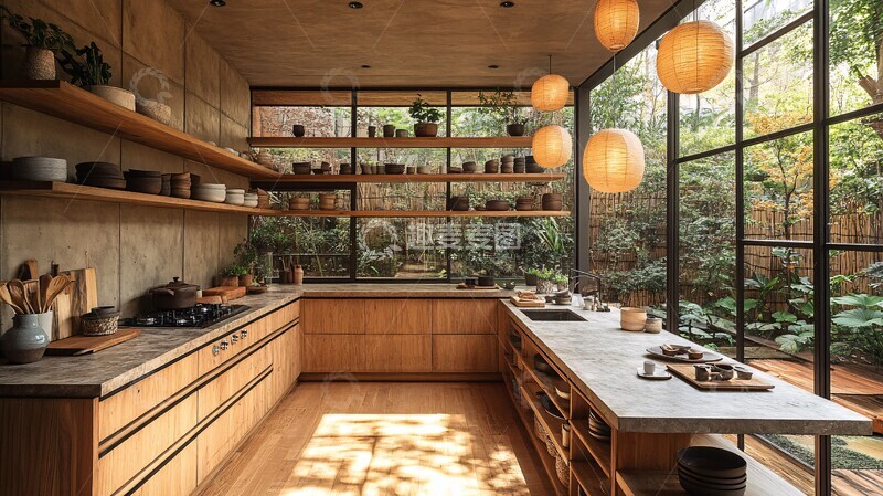 高清大图下载【趣麦麦图】木柜石台和纸灯