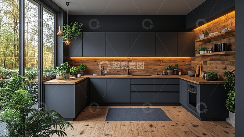 高清大图下载【趣麦麦图】木纹橱柜绿植厨房3