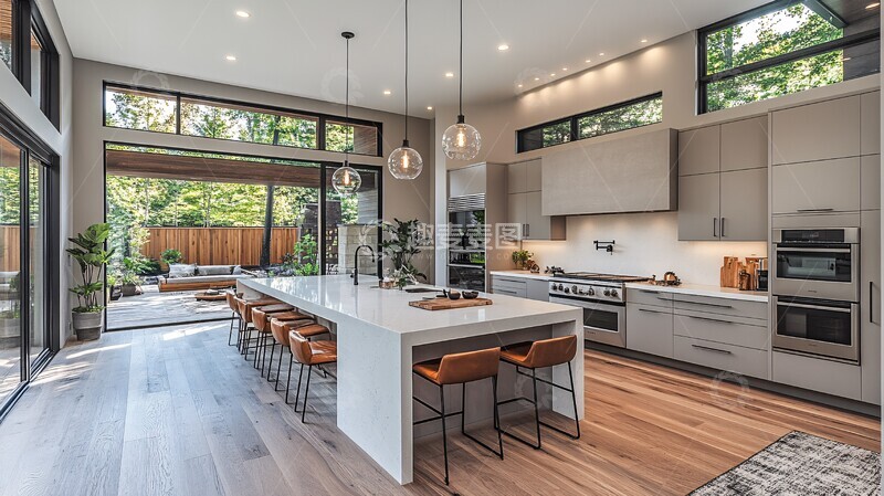 高清大图下载【趣麦麦图】灰柜白石台岛式厨房2