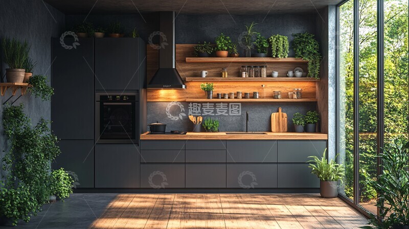 高清大图下载【趣麦麦图】木纹橱柜绿植厨房1