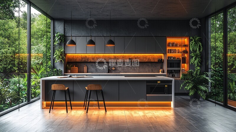 高清大图下载【趣麦麦图】灰柜白石台岛式厨房
