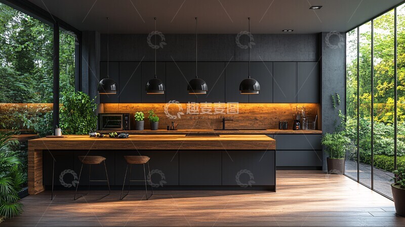 高清大图下载【趣麦麦图】木纹橱柜绿植厨房