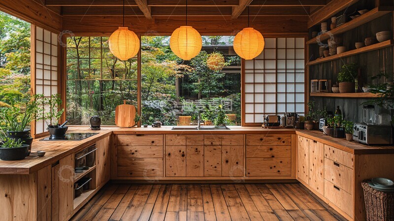 高清大图下载【趣麦麦图】木质厨房绿植布置1