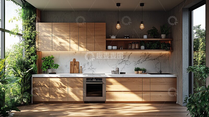 高清大图下载【趣麦麦图】木柜白石台灯饰绿植