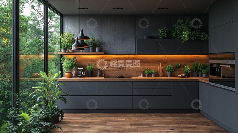 高清大图下载【趣麦麦图】木纹橱柜绿植厨房2