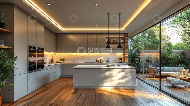 高清大图下载【趣麦麦图】灰柜白石台岛式厨房1