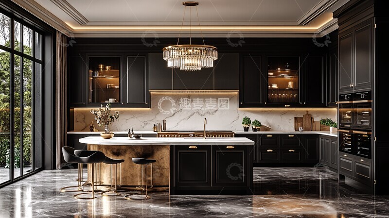 高清大图下载【趣麦麦图】黑色橱柜金色把手1