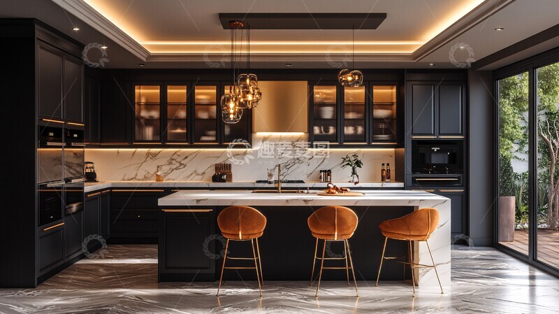 高清大图下载【趣麦麦图】黑色橱柜金色把手