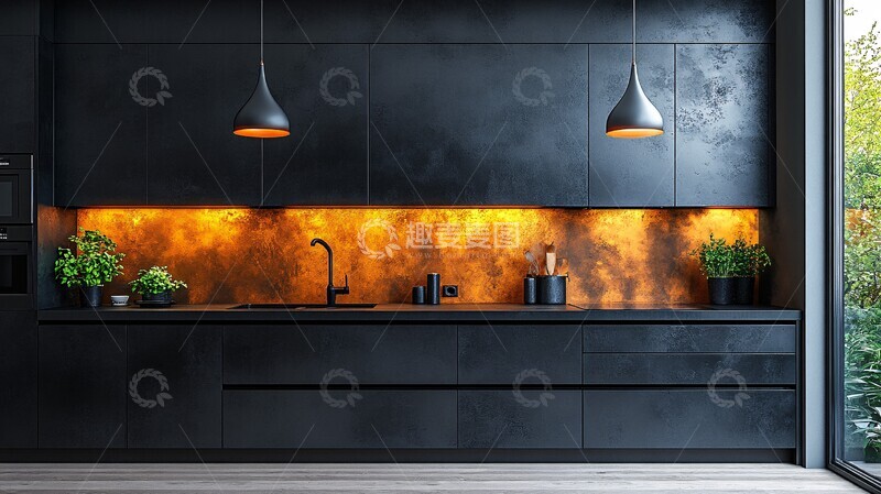 高清大图下载【趣麦麦图】黑色橱柜金属台面
