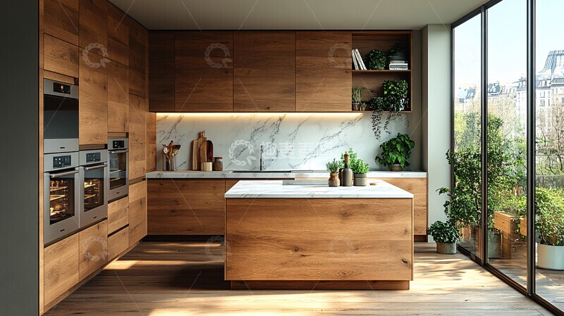 高清大图下载【趣麦麦图】木柜白石台现代厨具