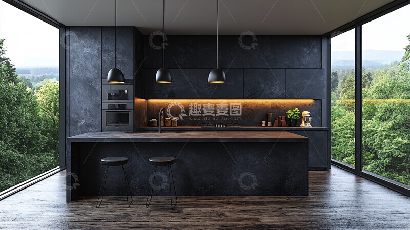 高清大图下载【趣麦麦图】黑色橱柜石英台面
