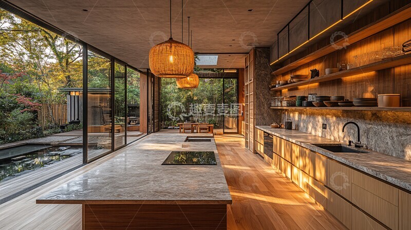 高清大图下载【趣麦麦图】木柜石台竹饰厨房