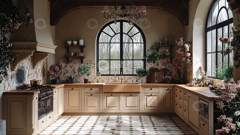 高清大图下载【趣麦麦图】木纹橱柜花饰吊灯