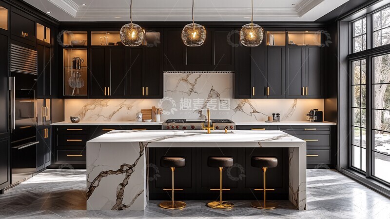 高清大图下载【趣麦麦图】黑色橱柜金色把手4