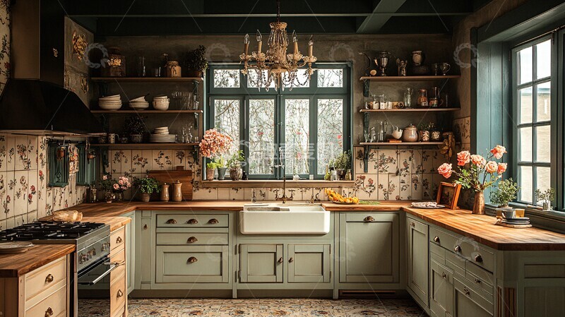 高清大图下载【趣麦麦图】木纹橱柜花饰吊灯2