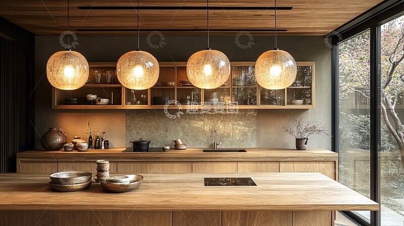 高清大图下载【趣麦麦图】木质厨柜陶瓷灯具