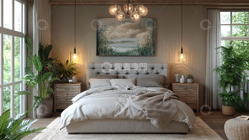 高清大图下载【趣麦麦图】灰色床铺木质床头柜