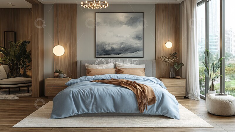 高清大图下载【趣麦麦图】蓝色床铺简约卧室3