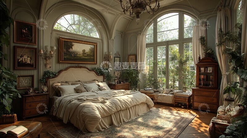 高清大图下载【趣麦麦图】雕花木床与花饰帘幕