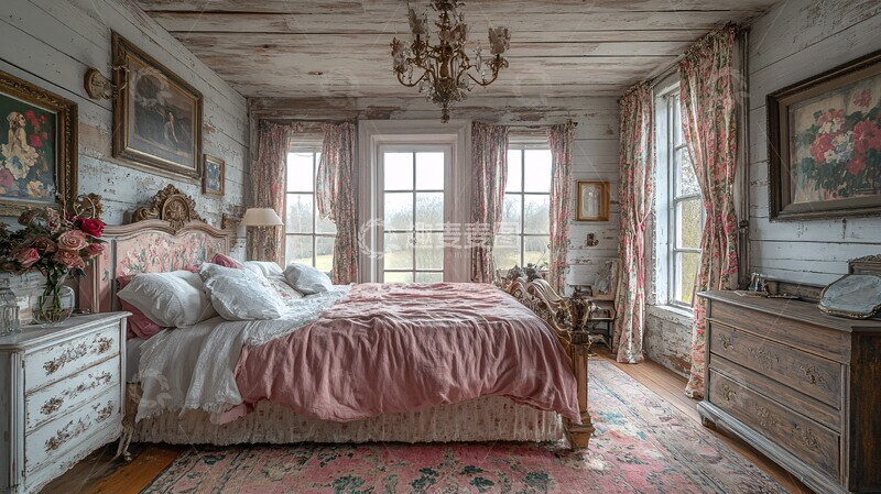 高清大图下载【趣麦麦图】粉色床铺与木质床头柜1