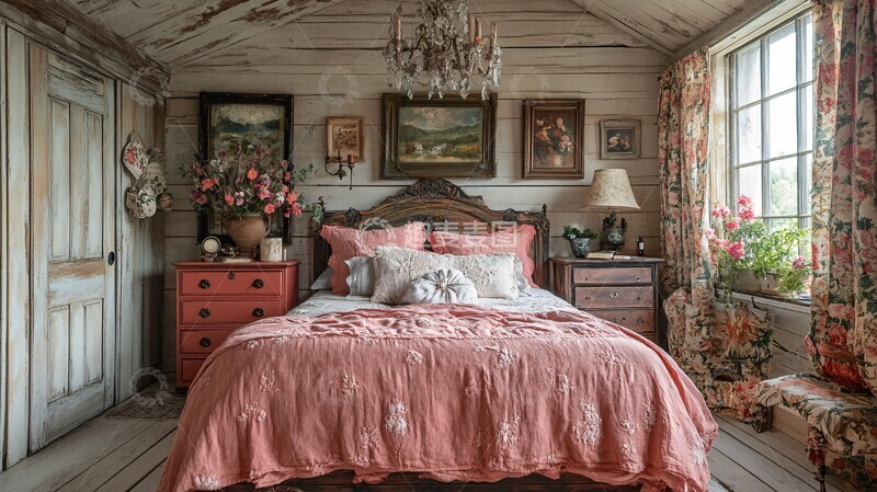 高清大图下载【趣麦麦图】粉色床铺与木质床头柜