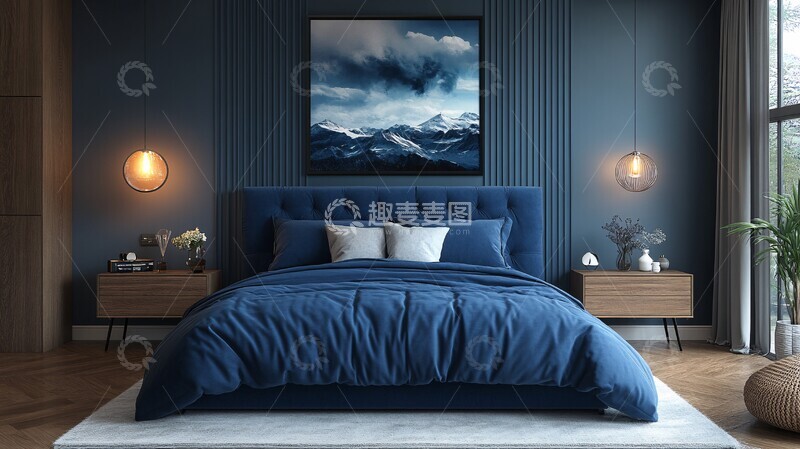 高清大图下载【趣麦麦图】蓝色床与木质床头