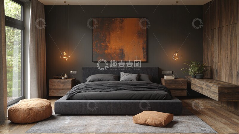 高清大图下载【趣麦麦图】灰色床与木质床头柜9