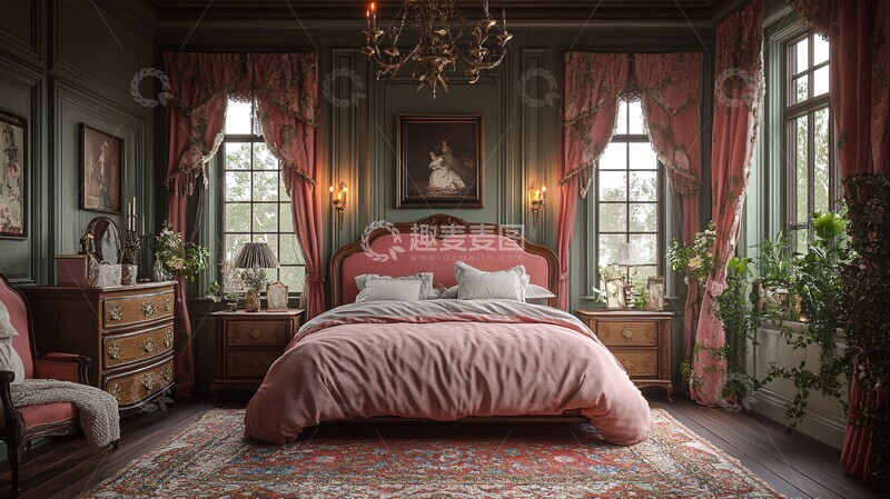 高清大图下载【趣麦麦图】粉色床头雕刻柜
