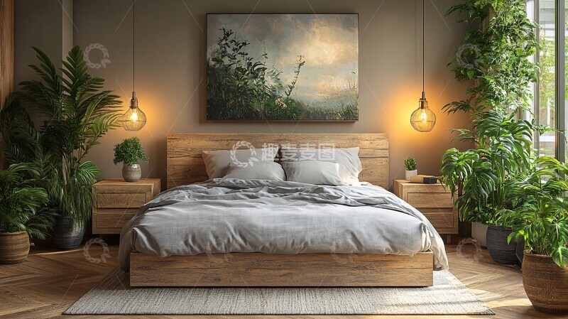 高清大图下载【趣麦麦图】灰色床木地板卧室