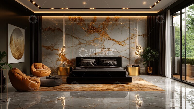 高清大图下载【趣麦麦图】黑色床铺金色床头柜7