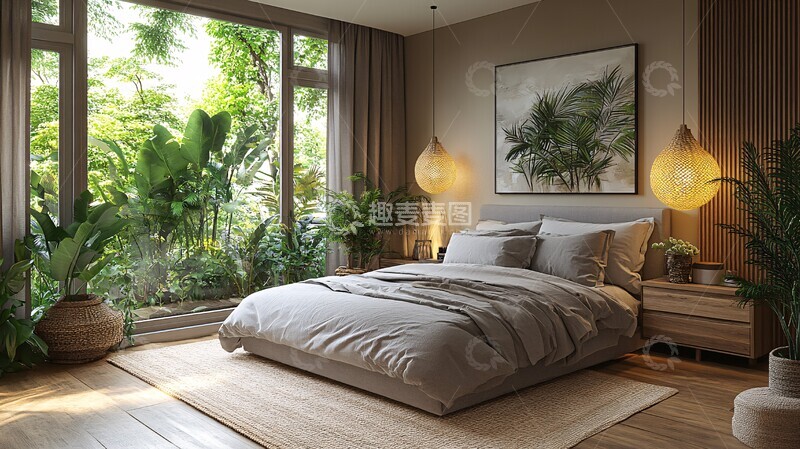 高清大图下载【趣麦麦图】灰色床木地板卧室1