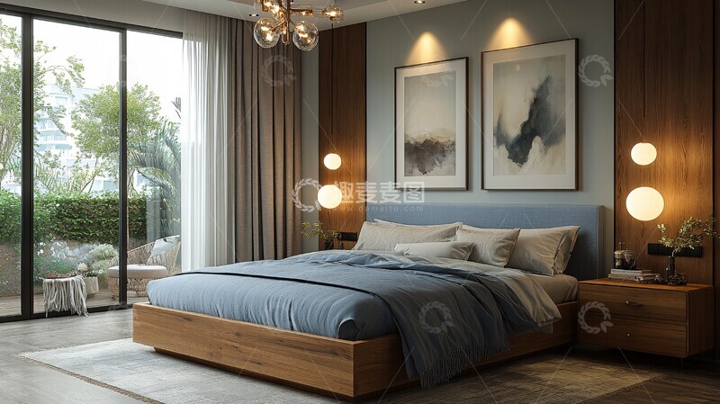 高清大图下载【趣麦麦图】蓝色床与木质床头2