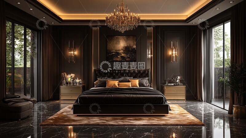 高清大图下载【趣麦麦图】黑色床铺金色床头柜4
