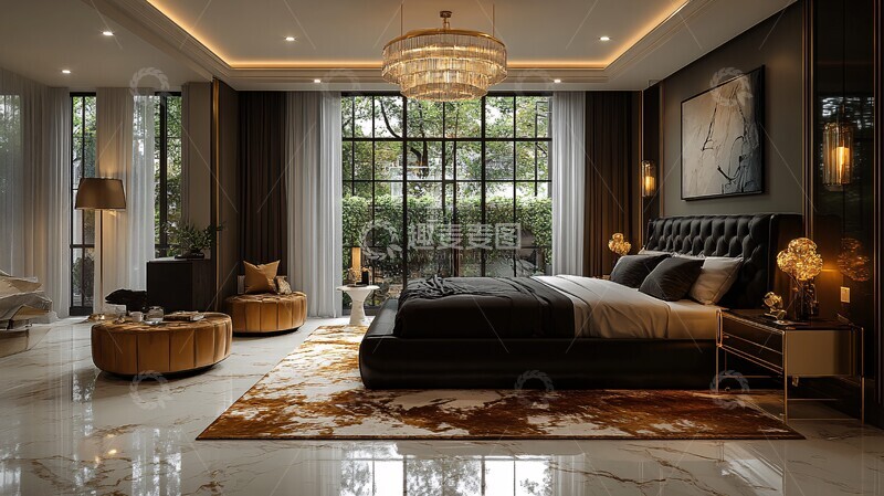 高清大图下载【趣麦麦图】黑色床铺金色床头柜6