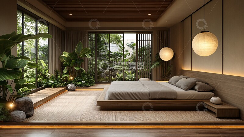 高清大图下载【趣麦麦图】榻榻米绿植卧室