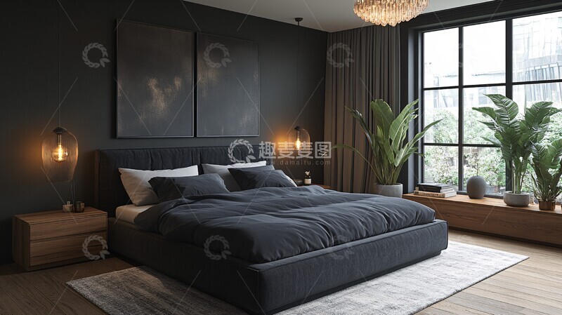 高清大图下载【趣麦麦图】灰色床与木质床头柜10