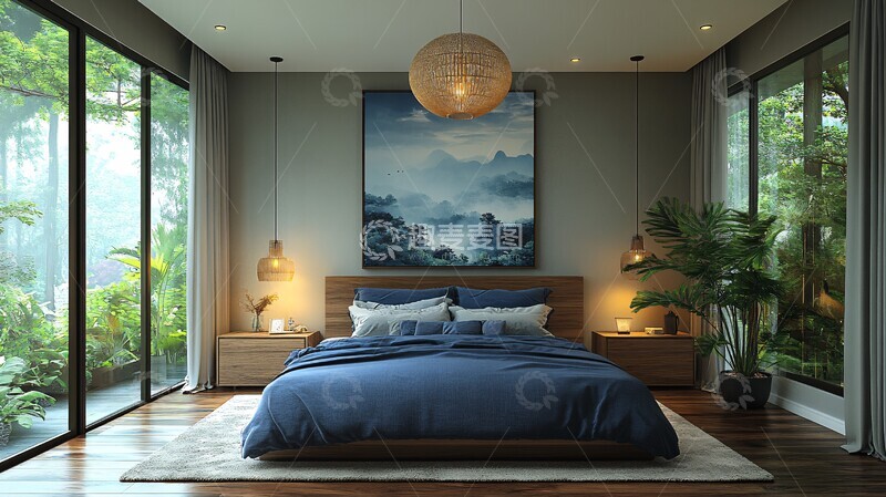 高清大图下载【趣麦麦图】蓝色床与木质床头1