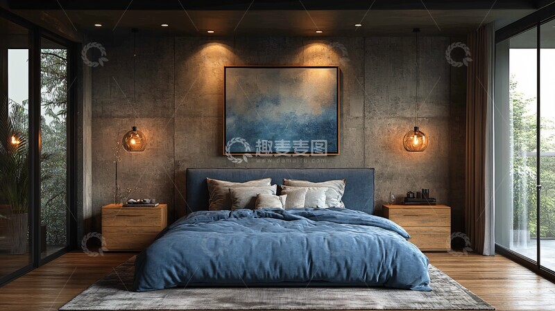 高清大图下载【趣麦麦图】蓝色床与木质床头柜1