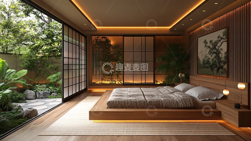 高清大图下载【趣麦麦图】榻榻米床与和纸灯