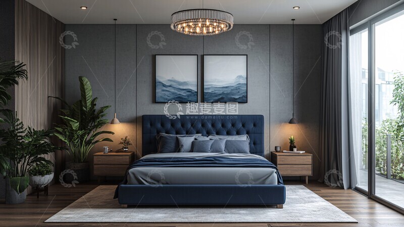 高清大图下载【趣麦麦图】深蓝床铺木桌灯饰3