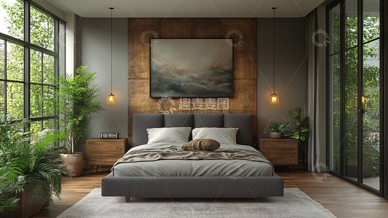 高清大图下载【趣麦麦图】灰色床铺木质床头1