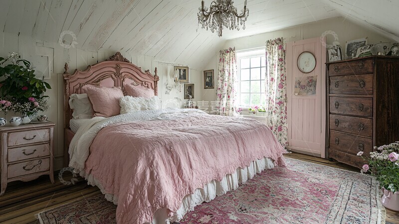 高清大图下载【趣麦麦图】粉色床与木床头柜2