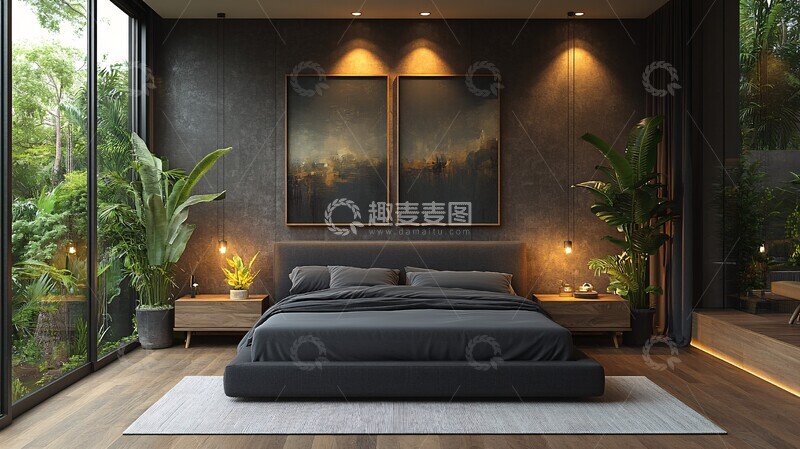 高清大图下载【趣麦麦图】灰色床铺木质床头